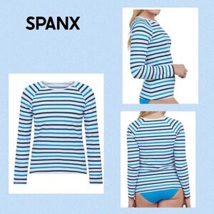 SPANX Ocean Stripe Coastal Blue Swim Shirt Rash Guard Medium